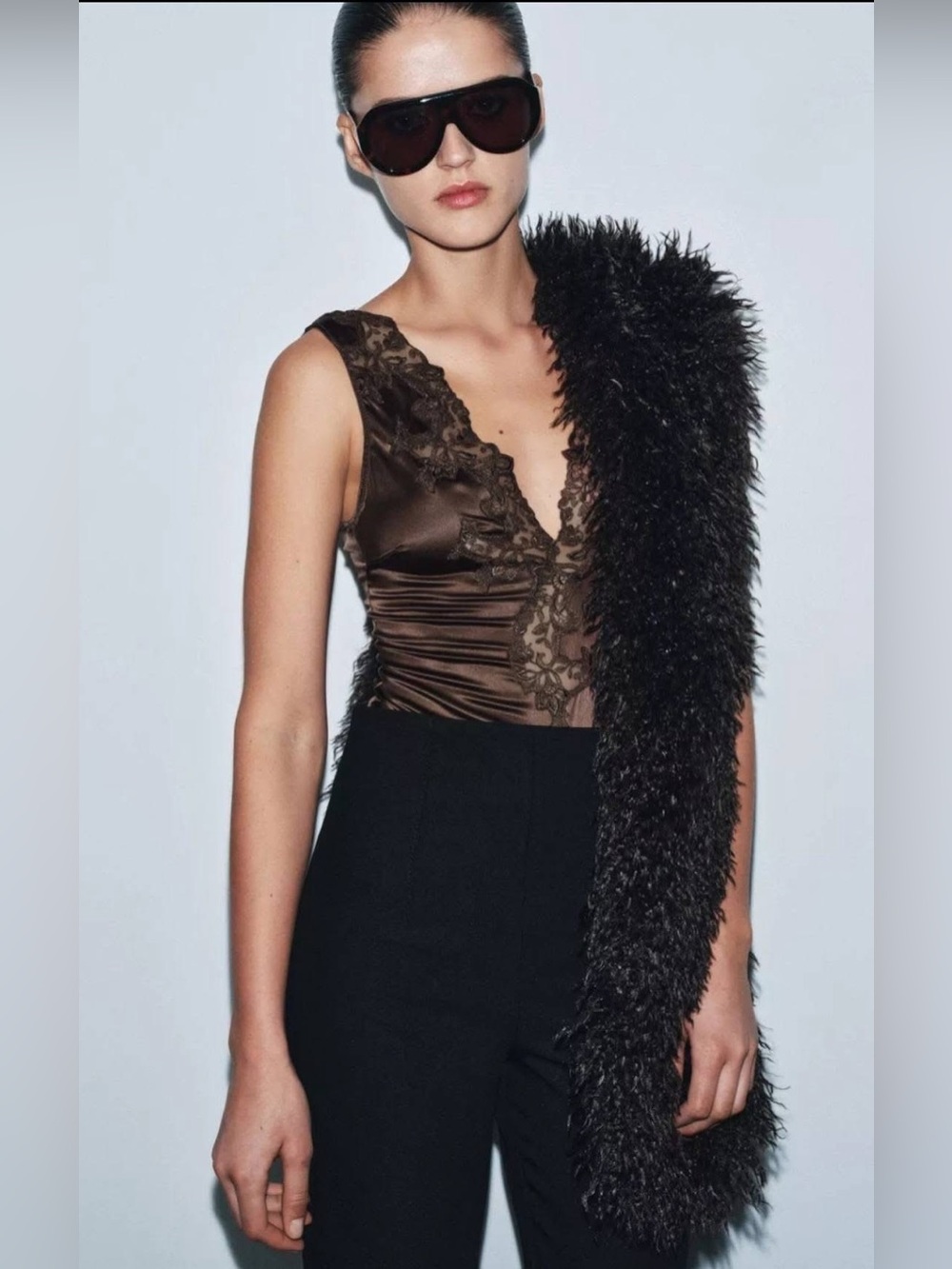 Zara Chocolate Brown Satin Lace-Trim Bodysuit